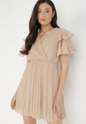 Beżowa Sukienka Alemiera. Brązowe sukienki Born2be, na imprezę, bez wzorów, z materiału, bez kołnierzyka, bez ramiączek, mini, kopertowe. Za 29.99 zł.