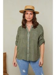Curvy Lady Lniana bluzka w kolorze khaki rozmiar: 40/42. Brązowe bluzki Curvy Lady, bez wzorów, ze lnu, klasyczne, bez kołnierzyka, bez ramiączek. Za 149.66 zł.