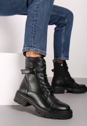 Czarne Botki Workery na Platformie Wykończone Paskiem i Klamrą Destinas. Czarne botki Renee, bez wzorów, z jeansu, bez obcasa, na platformie, bez zapięcia. Za 139.99 zł.