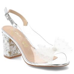Sandały damskie S.Barski, transparentny pasek ozdobna kokarda regulowany pasek stabilny obcas elegancki fason, srebrne, MR61-9010. Szare sandały S.BARSKI, bez wzorów, eleganckie, bez obcasa, na obcasie, bez zapięcia. Za 199.00 zł.