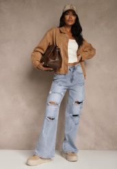 Niebieskie Jeansy High Waist Wide Leg z Ozdobnymi Przetarciami i Dziurami Elintyse. Niebieskie jeansy Renee, l, bez wzorów, z podwyższonym stanem. Za 109.99 zł.