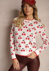 Biały Casualowy Sweter z Wiskozą Ozdobiony Printem w Wisienki Avattria. Białe swetry Renee, bez wzorów, z jeansu, bez ramiączek. Za 119.99 zł.
