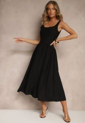 Czarna Rozkloszowana Sukienka z Wiskozy Milunisa. Czarne sukienki Renee, na co dzień, m, bez wzorów, z jeansu, eleganckie, bez kołnierzyka, bez ramiączek, maxi, rozkloszowane. Za 59.99 zł.