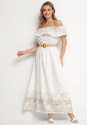 Biała Sukienka Hiszpanka w Stylu Boho z Haftem i Paskiem z Klamrą Mellirna. Białe sukienki Born2be, na co dzień, m, z aplikacjami, z poliesteru, boho, bez kołnierzyka, bez ramiączek, maxi. Za 159.99 zł.