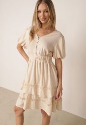 Beżowa Letnia Sukienka Wiskozowa o Rozkloszowanym Kroju z Bufiastymi Rękawami Aikede. Brązowe sukienki Born2be, na co dzień, na lato, l, bez wzorów, z wiskozy, boho, bez kołnierzyka, bez ramiączek, mini, proste. Za 169.99 zł.