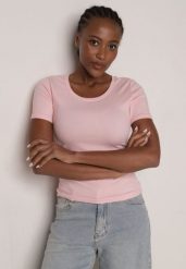 Różowy Prążkowany T-shirt Ozdobiony po Bokach Marszczeniem Nedisa. Czerwone t-shirty Born2be, m, bez wzorów, z jeansu, bez kołnierzyka, bez ramiączek. Za 49.99 zł.