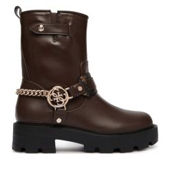 Botki Guess. Brązowe botki Guess, z aplikacjami, bez obcasa, na płaskiej podeszwie, bez zapięcia. Za 674.99 zł.