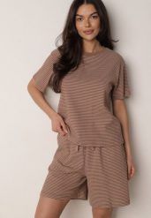 Brązowe Bawełniane Szorty Dresowe w Drobne Paseczki Wiązane na Sznurki Loregune. Brązowe szorty Born2be, bez wzorów, z bawełny, eleganckie. Za 59.99 zł.