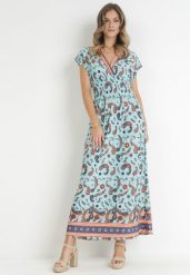 Jasnoniebieska Kopertowa Sukienka Maxi z Gumką w Pasie we Wzór Paisley Anitte. Niebieskie sukienki Born2be, na lato, l, bez wzorów, bez kołnierzyka, bez ramiączek, maxi, kopertowe. Za 44.99 zł.
