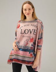 Luźna bluzka z nadrukiem. Bluzki Unisono, s, bez wzorów, z tkaniny, bez kołnierzyka, bez ramiączek. Za 189.00 zł.