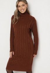 Brązowa Sweterkowa Sukienka z Golfem Wełną i Bawełną Ozdobiona Splotem Reiania. Brązowe sukienki Born2be, do pracy, bez wzorów, z bawełny, biznesowe, bez kołnierzyka, bez ramiączek, proste. Za 79.99 zł.