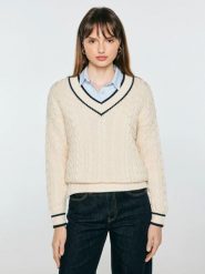 Sweter damski bawełniany z dekoltem v-neck kremowy calia 103. Białe swetry Big Star, l, bez wzorów, z bawełny, bez ramiączek. Za 199.99 zł.