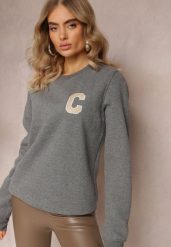 Szara Bluza z Naszywką o Fasonie Zakładanym Przez Głowę Esemia. Szare bluzy Renee, l, z aplikacjami, z dzianiny, bez kaptura. Za 84.99 zł.