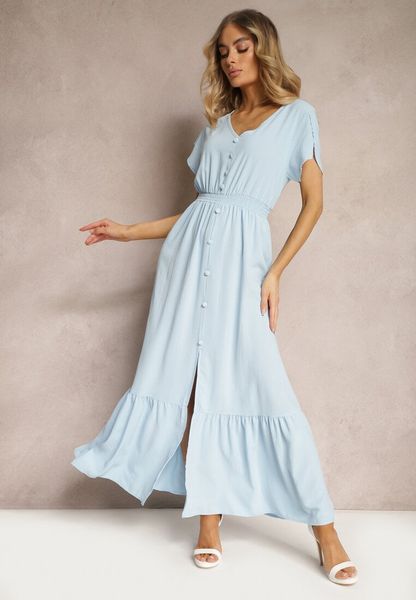 Jasnoniebieska Rozkloszowana Sukienka z Gumkami w Talii z Guzikami i Rozcięciem Gafia. Niebieskie sukienki Renee, l, bez wzorów, bez kołnierzyka, bez ramiączek, maxi, dopasowane. Za 79.99 zł.