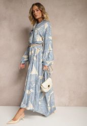 Jasnoniebieska Rozkloszowana Sukienka z Wiskozy z Motywem Liści Wilvesia. Niebieskie sukienki Renee, na co dzień, m, bez wzorów, z wiskozy, eleganckie, bez kołnierzyka, bez ramiączek, maxi, rozkloszowane. Za 99.99 zł.