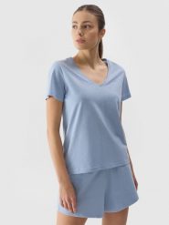 4F T-shirt gładki damski - niebieski XS. Niebieskie t-shirty 4f, xs, bez wzorów, z bawełny, bez kołnierzyka, bez ramiączek. W wyprzedaży za 39.99 zł.