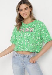 Zielony Bawełniany T-shirt Oversize w Kwiatowy Print o Krótkim Fasonie Daelinn. Zielone t-shirty Born2be, l, bez wzorów, z bawełny, bez kołnierzyka, bez ramiączek. Za 29.99 zł.