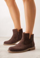 Brązowe Ażurowe Botki na Płaskiej Podeszwie ze Skórzaną Wkładką Terilara. Brązowe botki Renee, w ażurowe wzory, z jeansu, bez obcasa, na płaskiej podeszwie, bez zapięcia. Za 179.99 zł.