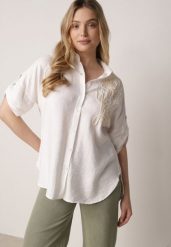 Biała Wiszkowa Koszula Nietoperzowa z Regulowanymi Rękawami i Haftem Maryrenna. Białe koszule Born2be, l, bez wzorów, z materiału, casualowe, bez kołnierzyka, plus size, bez ramiączek. Za 69.99 zł.