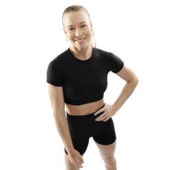 Damska bezszwowa sportowa koszulka crop top z krótkim rękawem Fitness Siroko A. Czarne koszulki sportowe SIROKO, bez wzorów, z materiału, bez ramiączek, na fitness i siłownię. Za 105.00 zł.