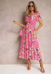 Różowa Kopertowa Sukienka w Kwiaty z Gumką w Talii Nobbia. Czerwone sukienki Renee, na co dzień, l, bez wzorów, z bawełny, bez kołnierzyka, bez ramiączek, midi, kopertowe. Za 49.99 zł.