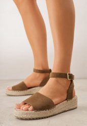 Ciemnozielone Sandały VICES z Imitacji Zamszu na Niskim Koturnie z Plecionki Miralyn. Zielone sandały Born2be, bez wzorów, eleganckie, bez obcasa, na koturnie, bez zapięcia. Za 99.99 zł.