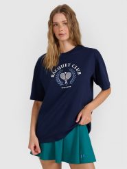 4F T-shirt oversize z nadrukiem damski - granatowa XS. Niebieskie koszulki sportowe 4f, bez wzorów, z bawełny, bez ramiączek. Za 59.99 zł.