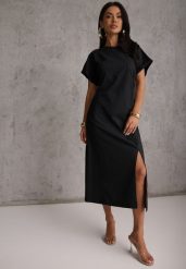 Czarna Rozkloszowana Sukienka Zdobiona Drapowaniem w Talii i Rozcięciem Uziola. Czarne sukienki Renee, na co dzień, l, z aplikacjami, bez kołnierzyka, bez ramiączek, maxi, proste. Za 89.99 zł.