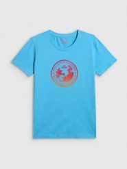 4F T-shirt regular z nadrukiem damski - niebieski XL. Niebieskie t-shirty 4f, xl, bez wzorów, z bawełny, bez kołnierzyka, bez ramiączek. Za 59.99 zł.