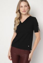 Czarna Sweterkowa Bluzka z Dekoltem w Serek Fenidea. Czarne bluzki Born2be, l, bez wzorów, z jeansu, eleganckie, bez kołnierzyka, bez ramiączek. Za 49.99 zł.