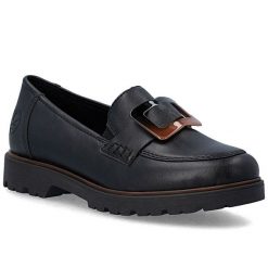 Półbuty damskie lordsy czarne Rieker 45553-00. Czarne lordsy Rieker, bez wzorów, ze skóry ekologicznej, bez obcasa, bez zapięcia. Za 369.00 zł.