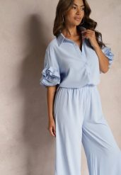 Niebieski Komplet Szerokie Spodnie i Koszula z Falbanami Rivathins. Niebieskie koszule Renee, l, bez wzorów, eleganckie, bez kołnierzyka, bez ramiączek. Za 144.99 zł.