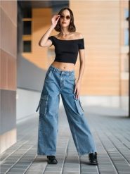 Jeansy wide leg - niebieski. Niebieskie jeansy Sinsay, l, bez wzorów, z podwyższonym stanem. W wyprzedaży za 35.99 zł.