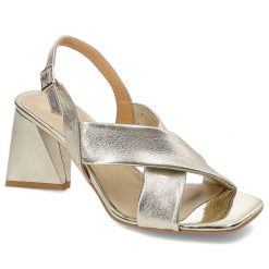 Złote Sandały Armodo Eleganckie Obuwie Na Stylowym Obcasie. Żółte sandały Armodo, bez wzorów, ze skóry, eleganckie, bez obcasa, na obcasie, bez zapięcia. Za 269.00 zł.