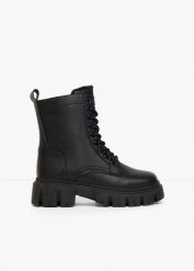 Kozaki sznurowane Tom Tailor, z profilowaną wkładką. Czarne kozaki bonprix, bez obcasa, na platformie, bez zapięcia. Za 219.99 zł.