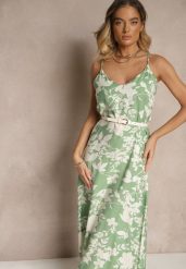 Zielono-Kremowa Sukienka z Wiskozą o Rozkloszowanym Kroju w Kwiaty Thirimi. Zielone sukienki Renee, na co dzień, l, bez wzorów, z wiskozy, eleganckie, bez kołnierzyka, bez ramiączek, maxi, rozkloszowane. Za 54.99 zł.
