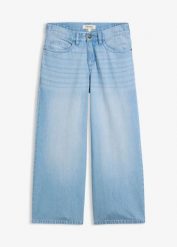 Lekkie jeansy z szerokimi nogawkami, średnim stanem i wygodnym pasem. Niebieskie jeansy bonprix, bez wzorów. Za 124.99 zł.