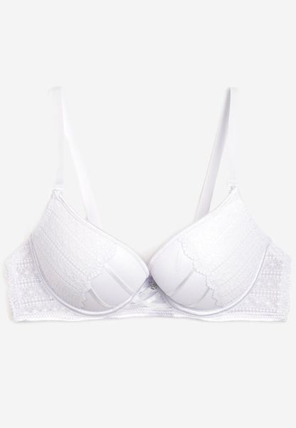 Biały Biustonosz o Fasonie Push Up Ozdobiony Koronką i Cyrkoniami Topazia. Białe biustonosze Renee, bez wzorów, z koronki. Za 29.99 zł.