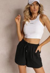 Czarne Dresowe Szorty High Waist z Gumką w Talii Narefia. Czarne szorty Renee, w ażurowe wzory, z dresówki, eleganckie, z podwyższonym stanem. Za 29.99 zł.