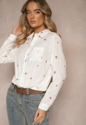 Biała Wiskozowa Koszula Ozdobiona Kwiatowym Haftem Vilreis. Białe koszule Renee, m, bez wzorów, z jeansu, eleganckie, bez kołnierzyka, bez ramiączek. Za 99.99 zł.