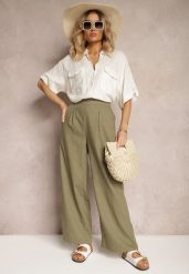 Ciemnozielone Spodnie z Bawełny i Lnem High Waist Kolalia. Zielone spodnie materiałowe Renee, do pracy, l, bez wzorów, z bawełny, z podwyższonym stanem. Za 69.99 zł.