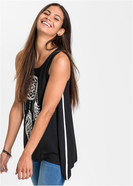 Długi top z miękkiej wiskozy. Czarne topy bonprix, bez wzorów, z wiskozy, bez kołnierzyka, bez ramiączek. Za 67.99 zł.