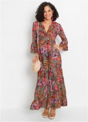 Sukienka maxi z nadrukiem, z lejącej wiskozy. Zielone sukienki bonprix, na lato, bez wzorów, z wiskozy, bez kołnierzyka, bez ramiączek, maxi. Za 189.99 zł.