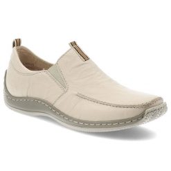Beżowe Półbuty Rieker Stylowe Wsuwane Obuwie Damskie. Brązowe półbuty wsuwane Rieker, bez wzorów, ze skóry, eleganckie, bez obcasa, bez zapięcia. Za 269.00 zł.