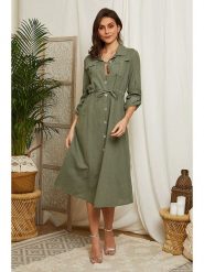 Lin Passion Lniana sukienka w kolorze khaki rozmiar: 40/42. Brązowe sukienki Lin Passion, bez wzorów, ze lnu, klasyczne, bez kołnierzyka, bez ramiączek, midi, rozkloszowane. Za 202.03 zł.