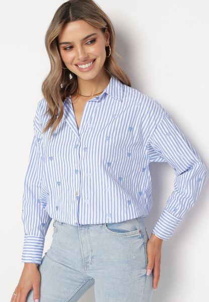 Jasnoniebieska Bawełniana Koszula w Paski z Haftowanymi Sercami Larnieka. Niebieskie koszule Born2be, l, bez wzorów, z bawełny, bez kołnierzyka, bez ramiączek. Za 89.99 zł.