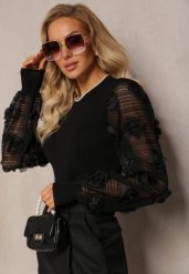 Czarny Sweter z Rękawami Ozdobionymi Kwiatami i Ażurową Koronką Persenor. Czarne swetry Renee, w ażurowe wzory, z dzianiny, bez ramiączek. Za 119.99 zł.