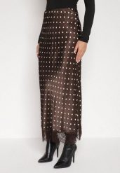 Brązowa Wiskozowa Spódnica z Wysokim Stanem w Kropki z Koronką Monivesa. Brązowe spódnice Born2be, na co dzień, uniwersalny, bez wzorów, z koronki, eleganckie, maxi, koszulowe. Za 149.99 zł.