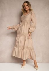 Ciemnobeżowa Rozkloszowana Sukienka z Wiskozy Zdobiona Koronkowymi Wstawkami Gonolen. Brązowe sukienki Renee, na co dzień, l, z aplikacjami, z koronki, eleganckie, bez kołnierzyka, bez ramiączek, maxi, rozkloszowane. Za 114.99 zł.