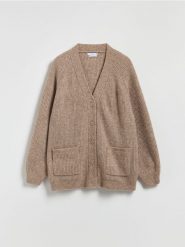 Kardigan z wełną - beżowy. Brązowe kardigany Reserved, l, bez wzorów, z dzianiny. Za 159.99 zł.